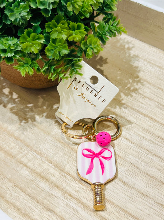 Pink Bow Pickleball Keychain